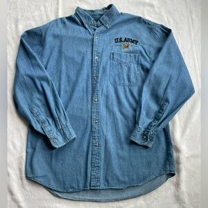 Edwards Mens Denim Shirt Large US Army Embroidered Logo Blue Button Down Cotton